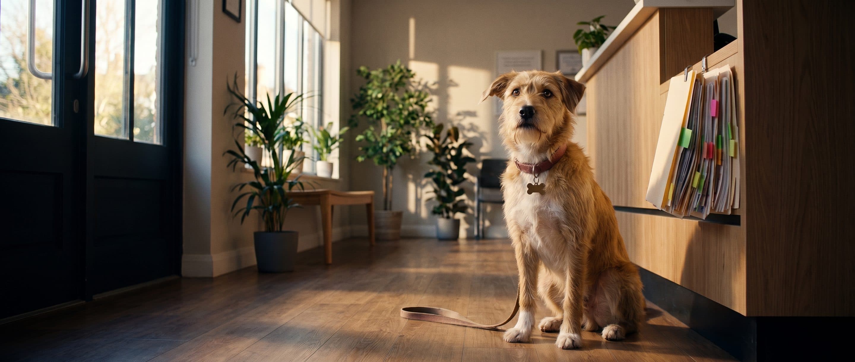 Pepper, a scruffy tan rescue dog, sits in a clinic waiting room beside a thick folder of paper records.