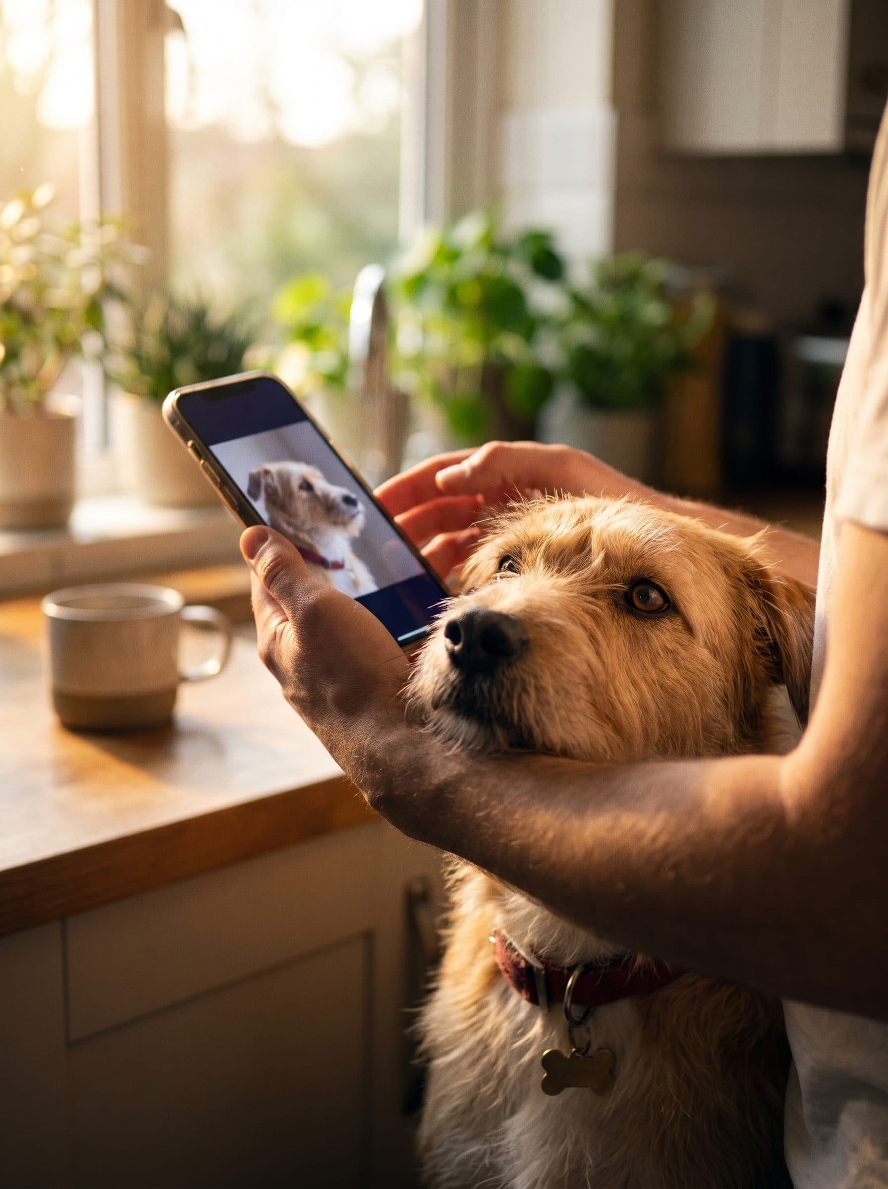 Pepper leans on her owner’s arm while they open her records on a phone.