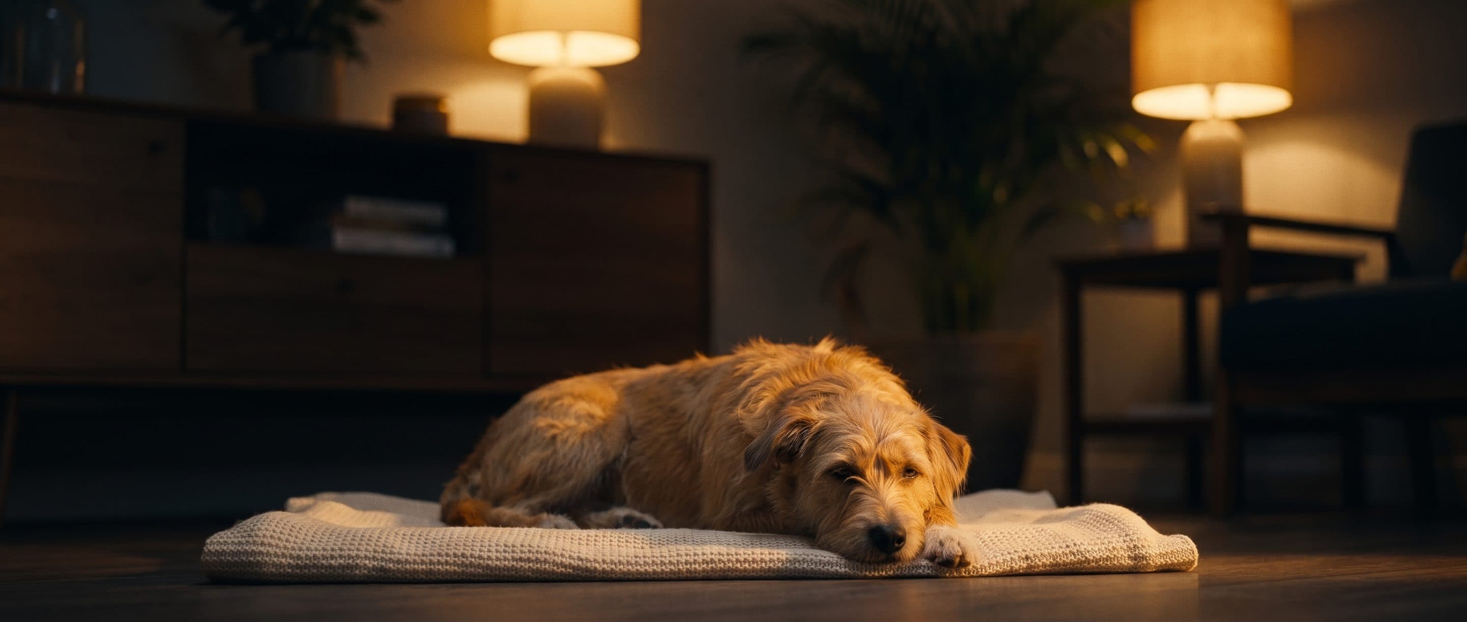 Pepper asleep on a blanket in a quiet, lamp-lit room.