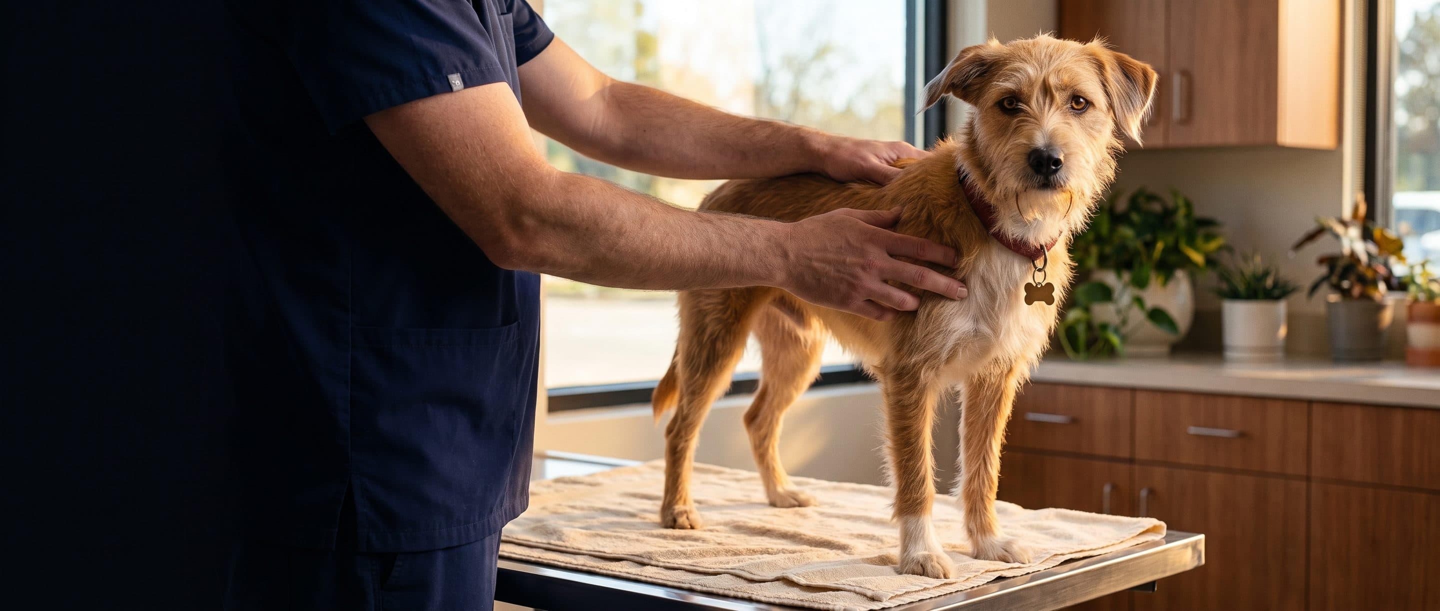 A vet’s hands rest on Pepper’s back as she stands on the exam table.