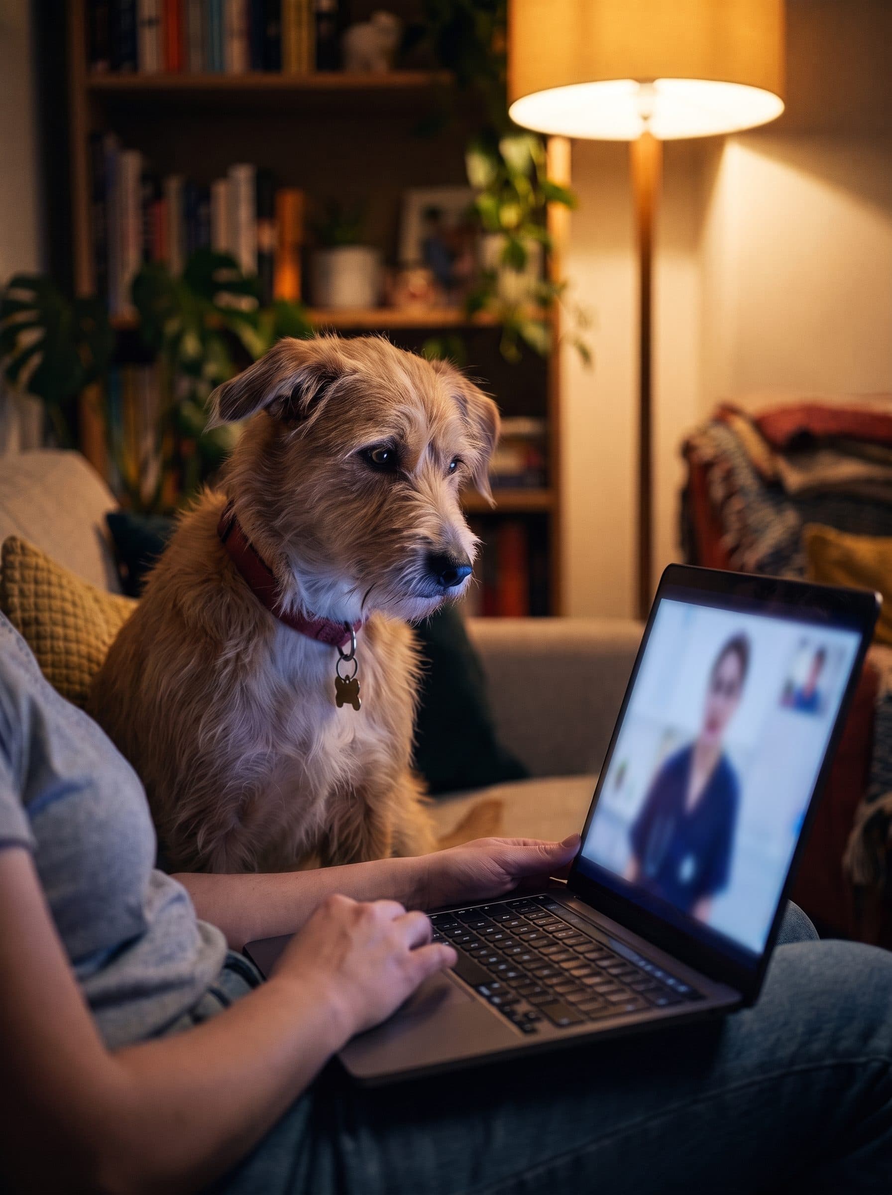 Pepper sits beside her owner on the sofa, watching a video call with the vet.