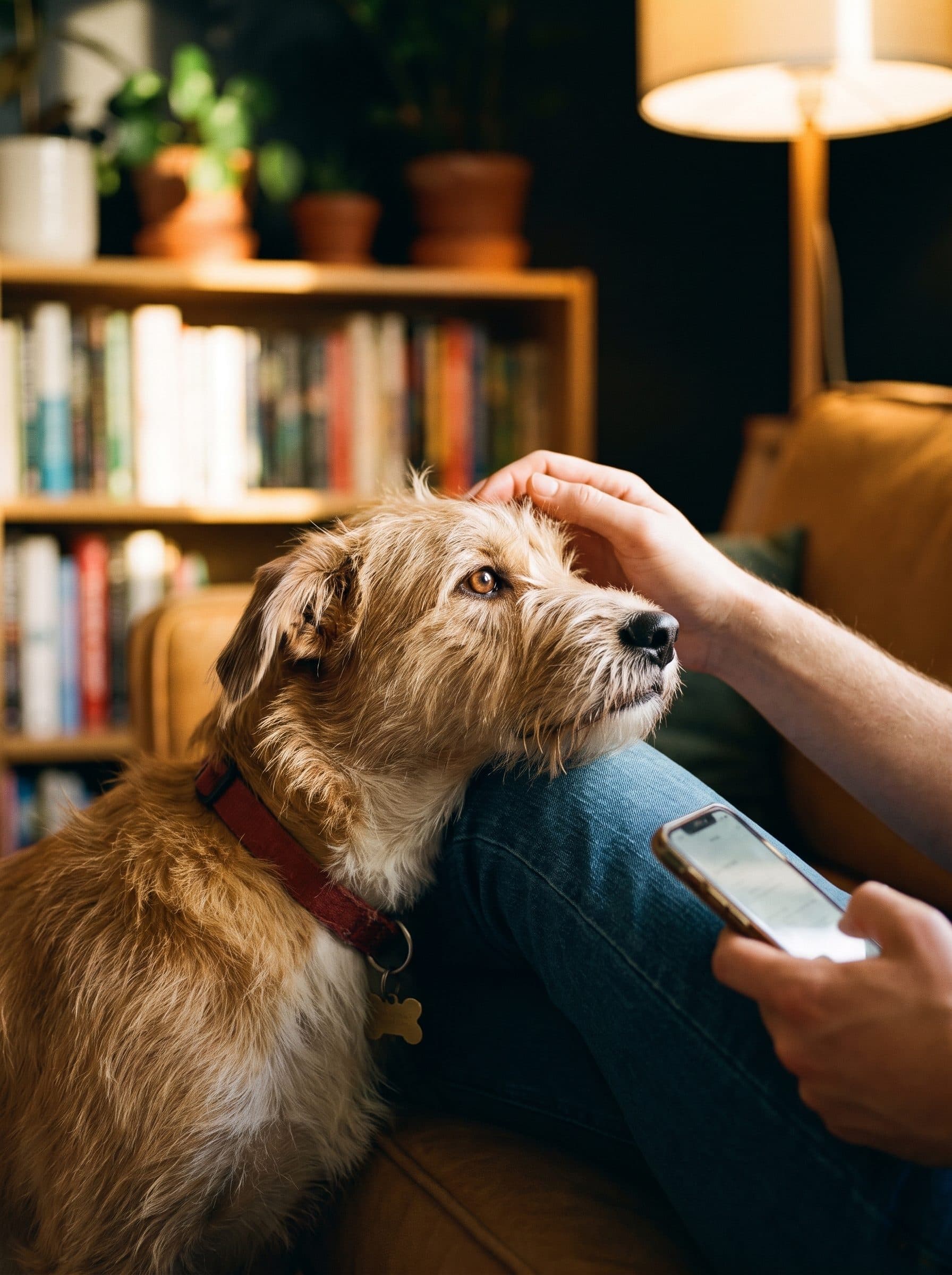 Pepper rests her head on her owner’s knee while they read her care plan on a phone.
